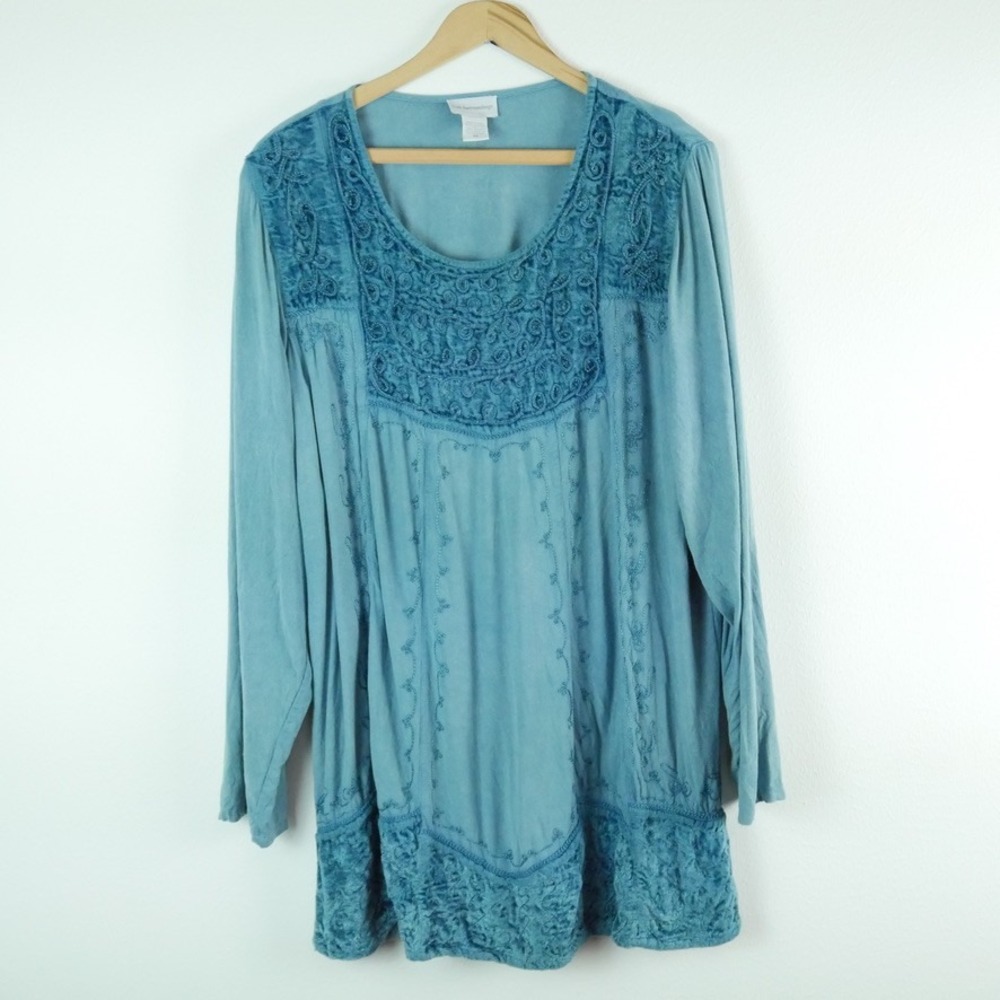 Soft Surroundings Blue Embroidered Velvet Tunic Top 2X Boho Hippy Renaissance